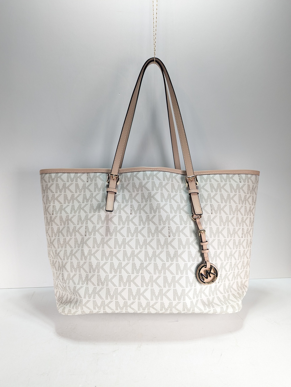 MICHAEL KORS Jet Set MK Signature Zip Tote Vanilla Gold Charm Authentic Handbag